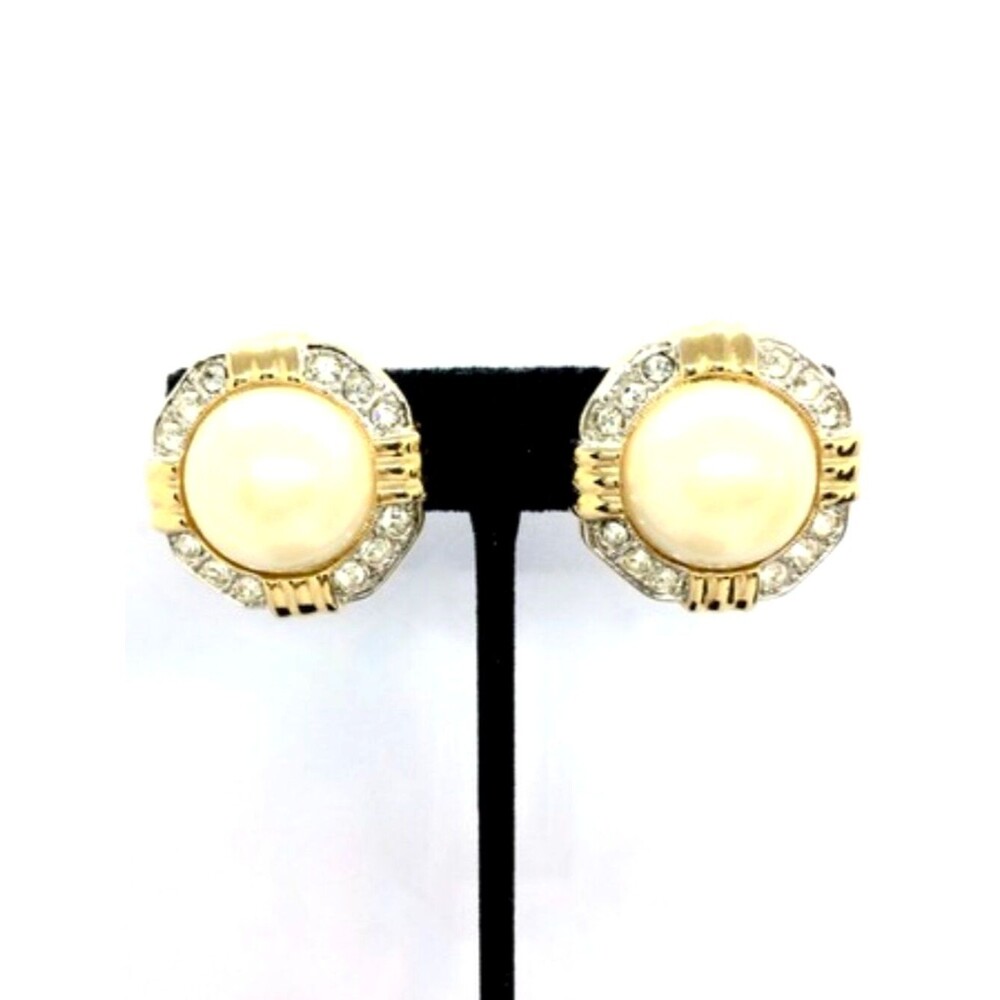 Vintage Gold Tone Earrings Faux Pearl Cabochon Rhinestone Clip On Bold